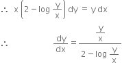 therefore space space straight x space open parentheses 2 minus log space straight y over straight x close parentheses space dy space equals space straight y space dx
therefore space space space space space space space space space space space space space space space space space space space space space dy over dx equals fraction numerator begin display style straight y over straight x end style over denominator 2 minus log space begin display style straight y over straight x end style end fraction