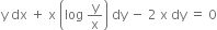 straight y space dx space plus space straight x space open parentheses log space straight y over straight x close parentheses space dy space minus space 2 space straight x space dy space equals space 0