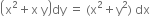 open parentheses straight x squared plus straight x space straight y close parentheses dy space equals space left parenthesis straight x squared plus straight y squared right parenthesis space dx
