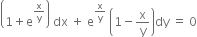 open parentheses 1 plus straight e to the power of straight x over straight y end exponent close parentheses space dx space plus space straight e to the power of straight x over straight y end exponent space open parentheses 1 minus straight x over straight y close parentheses dy space equals space 0