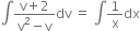 integral fraction numerator straight v plus 2 over denominator straight v squared minus straight v end fraction dv space equals space integral 1 over straight x dx