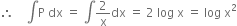 therefore space space space space integral straight P space dx space equals space integral 2 over straight x dx space equals space 2 space log space straight x space equals space log space straight x squared
