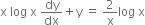 straight x space log space straight x space dy over dx plus straight y space equals space 2 over straight x log space straight x