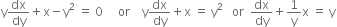 straight y dx over dy plus straight x minus straight y squared space equals space 0 space space space space space or space space space space straight y dx over dy plus straight x space equals space straight y squared space space space or space space dx over dy plus 1 over straight y straight x space equals space straight y