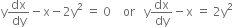 straight y dx over dy minus straight x minus 2 straight y squared space equals space 0 space space space space or space space space straight y dx over dy minus straight x space equals space 2 straight y squared