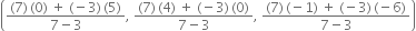 open parentheses fraction numerator left parenthesis 7 right parenthesis thin space left parenthesis 0 right parenthesis space plus space left parenthesis negative 3 right parenthesis thin space left parenthesis 5 right parenthesis over denominator 7 minus 3 end fraction comma space fraction numerator left parenthesis 7 right parenthesis thin space left parenthesis 4 right parenthesis space plus space left parenthesis negative 3 right parenthesis thin space left parenthesis 0 right parenthesis over denominator 7 minus 3 end fraction comma space fraction numerator left parenthesis 7 right parenthesis thin space left parenthesis negative 1 right parenthesis space plus space left parenthesis negative 3 right parenthesis thin space left parenthesis negative 6 right parenthesis over denominator 7 minus 3 end fraction close parentheses