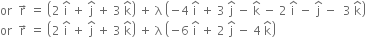 or space space straight r with rightwards arrow on top space equals space open parentheses 2 space straight i with hat on top space plus space straight j with hat on top space plus space 3 space straight k with hat on top close parentheses space plus space straight lambda space open parentheses negative 4 space straight i with hat on top space plus space 3 space straight j with hat on top space minus space straight k with hat on top space minus space 2 space straight i with hat on top space minus space straight j with hat on top space minus space space 3 space straight k with hat on top close parentheses
or space space straight r with rightwards arrow on top space equals space open parentheses 2 space straight i with hat on top space plus space straight j with hat on top space plus space 3 space straight k with hat on top close parentheses space plus space straight lambda space open parentheses negative 6 space straight i with hat on top space plus space 2 space straight j with hat on top space minus space 4 space straight k with hat on top close parentheses