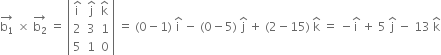 stack straight b subscript 1 with rightwards arrow on top space cross times space stack straight b subscript 2 with rightwards arrow on top space equals space open vertical bar table row cell straight i with hat on top end cell cell straight j with hat on top end cell cell straight k with hat on top end cell row 2 3 1 row 5 1 0 end table close vertical bar space equals space left parenthesis 0 minus 1 right parenthesis space straight i with hat on top space minus space left parenthesis 0 minus 5 right parenthesis space straight j with hat on top space plus space left parenthesis 2 minus 15 right parenthesis space straight k with hat on top space equals space minus straight i with hat on top space plus space 5 space straight j with hat on top space minus space 13 space straight k with hat on top