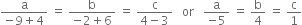 fraction numerator straight a over denominator negative 9 plus 4 end fraction space equals space fraction numerator straight b over denominator negative 2 plus 6 end fraction space equals space fraction numerator straight c over denominator 4 minus 3 end fraction space space space or space space space fraction numerator straight a over denominator negative 5 end fraction space equals space straight b over 4 space equals space straight c over 1