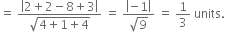 equals space fraction numerator open vertical bar 2 plus 2 minus 8 plus 3 close vertical bar over denominator square root of 4 plus 1 plus 4 end root end fraction space equals space fraction numerator open vertical bar negative 1 close vertical bar over denominator square root of 9 end fraction space equals space 1 third space units. space