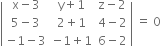 open vertical bar table row cell straight x minus 3 end cell cell straight y plus 1 end cell cell straight z minus 2 end cell row cell 5 minus 3 end cell cell 2 plus 1 end cell cell 4 minus 2 end cell row cell negative 1 minus 3 end cell cell negative 1 plus 1 end cell cell 6 minus 2 end cell end table close vertical bar space equals space 0