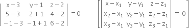 open vertical bar table row cell straight x minus 3 end cell cell straight y plus 1 end cell cell straight z minus 2 end cell row cell 5 minus 3 end cell cell 2 plus 1 end cell cell 4 minus 2 end cell row cell negative 1 minus 3 end cell cell negative 1 plus 1 end cell cell 6 minus 2 end cell end table close vertical bar space equals 0 space space space space space space space space space space space open square brackets open vertical bar table row cell straight x minus straight x subscript 1 end cell cell straight y minus straight y subscript 1 end cell cell straight z minus straight z subscript 1 end cell row cell straight x subscript 2 minus straight x subscript 1 end cell cell straight y subscript 2 minus straight y subscript 1 end cell cell straight z subscript 2 minus straight z subscript 1 end cell row cell straight x subscript 3 minus straight x subscript 1 end cell cell straight y subscript 3 minus straight y subscript 1 end cell cell straight z subscript 3 minus straight z subscript 1 end cell end table close vertical bar space equals space 0 close square brackets