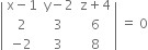 open vertical bar table row cell straight x minus 1 end cell cell straight y minus 2 end cell cell straight z plus 4 end cell row 2 3 6 row cell negative 2 end cell 3 8 end table close vertical bar space equals space 0