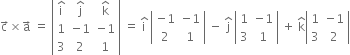 straight c with rightwards arrow on top cross times straight a with rightwards arrow on top space equals space open vertical bar table row cell straight i with hat on top end cell cell straight j with hat on top end cell cell straight k with hat on top end cell row 1 cell negative 1 end cell cell negative 1 end cell row 3 2 1 end table close vertical bar space equals space straight i with hat on top space open vertical bar table row cell negative 1 end cell cell negative 1 end cell row 2 1 end table close vertical bar space minus space straight j with hat on top space open vertical bar table row 1 cell negative 1 end cell row 3 1 end table close vertical bar space plus space straight k with hat on top open vertical bar table row 1 cell negative 1 end cell row 3 2 end table close vertical bar