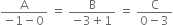 fraction numerator straight A over denominator negative 1 minus 0 end fraction space equals space fraction numerator straight B over denominator negative 3 plus 1 end fraction space equals space fraction numerator straight C over denominator 0 minus 3 end fraction
