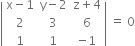 open vertical bar table row cell straight x minus 1 end cell cell straight y minus 2 end cell cell straight z plus 4 end cell row 2 3 6 row 1 1 cell negative 1 end cell end table close vertical bar space equals space 0
