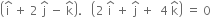 open parentheses straight i with hat on top space plus space 2 space straight j with hat on top space minus space straight k with hat on top close parentheses. space space space open parentheses 2 space straight i with hat on top space plus space straight j with hat on top space plus space space 4 space straight k with hat on top close parentheses space equals space 0