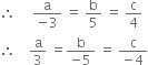 therefore space space space space space fraction numerator straight a over denominator negative 3 end fraction space equals space straight b over 5 space equals space straight c over 4
therefore space space space space straight a over 3 space equals fraction numerator straight b over denominator negative 5 end fraction space equals space fraction numerator straight c over denominator negative 4 end fraction