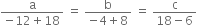 fraction numerator straight a over denominator negative 12 plus 18 end fraction space equals space fraction numerator straight b over denominator negative 4 plus 8 end fraction space equals space fraction numerator straight c over denominator 18 minus 6 end fraction