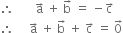 therefore space space space space space space space straight a with rightwards arrow on top space plus space straight b with rightwards arrow on top space equals space minus straight c with rightwards arrow on top
therefore space space space space space straight a with rightwards arrow on top space plus space straight b with rightwards arrow on top space plus space straight c with rightwards arrow on top space equals space 0 with rightwards arrow on top
