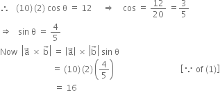 therefore space space space left parenthesis 10 right parenthesis thin space left parenthesis 2 right parenthesis space cos space straight theta space equals space 12 space space space space space rightwards double arrow space space space space cos space equals space 12 over 20 space equals 3 over 5
rightwards double arrow space space space sin space straight theta space equals space 4 over 5
Now space space open vertical bar straight a with rightwards arrow on top space cross times space straight b with rightwards arrow on top close vertical bar space equals space open vertical bar straight a with rightwards arrow on top close vertical bar space cross times space open vertical bar straight b with rightwards arrow on top close vertical bar space sin space straight theta
space space space space space space space space space space space space space space space space space space space space space space space space space equals space left parenthesis 10 right parenthesis thin space left parenthesis 2 right parenthesis thin space open parentheses 4 over 5 close parentheses space space space space space space space space space space space space space space space space space space space space space space space space space space space space space space space space open square brackets because space of space left parenthesis 1 right parenthesis close square brackets
space space space space space space space space space space space space space space space space space space space space space space space space space space equals space 16