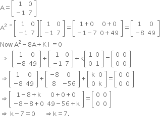 straight A equals open square brackets table row 1 0 row cell negative 1 end cell 7 end table close square brackets
straight A to the power of 2 space equals end exponent open square brackets table row 1 0 row cell negative 1 end cell 7 end table close square brackets open square brackets table row 1 0 row cell negative 1 end cell 7 end table close square brackets equals open square brackets table row cell 1 plus 0 end cell cell 0 plus 0 end cell row cell negative 1 minus 7 end cell cell 0 plus 49 end cell end table close square brackets equals open square brackets table row 1 0 row cell negative 8 end cell 49 end table close square brackets
Now space straight A squared minus 8 straight A plus straight K space straight I space equals 0
rightwards double arrow space space open square brackets table row 1 0 row cell negative 8 end cell 49 end table close square brackets plus open square brackets table row 1 0 row cell negative 1 end cell 7 end table close square brackets plus straight k open square brackets table row 1 0 row 0 1 end table close square brackets equals open square brackets table row 0 0 row 0 0 end table close square brackets
rightwards double arrow open square brackets table row 1 0 row cell negative 8 end cell 49 end table close square brackets plus open square brackets table row cell negative 8 end cell 0 row 8 cell negative 56 end cell end table close square brackets plus open square brackets table row straight k 0 row 0 straight k end table close square brackets equals open square brackets table row 0 0 row 0 0 end table close square brackets
rightwards double arrow open square brackets table row cell 1 minus 8 plus straight k end cell cell 0 plus 0 plus 0 end cell row cell negative 8 plus 8 plus 0 end cell cell 49 minus 56 plus straight k end cell end table close square brackets equals open square brackets table row 0 0 row 0 0 end table close square brackets
rightwards double arrow space straight k minus 7 equals 0 space space space space space space rightwards double arrow straight k equals 7.