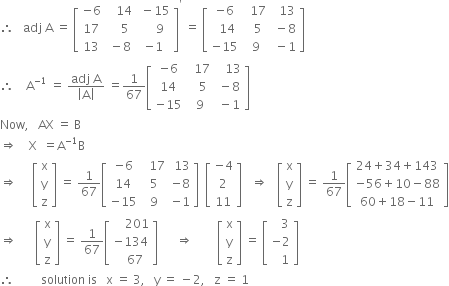 therefore space space space adj space straight A space equals space open square brackets table row cell negative 6 end cell cell space space space 14 end cell cell space minus 15 end cell row 17 cell space space space space 5 end cell cell space space space space 9 end cell row 13 cell space minus 8 end cell cell negative 1 end cell end table close square brackets to the power of apostrophe space equals space open square brackets table row cell negative 6 end cell cell space space 17 end cell cell space space 13 end cell row cell space space 14 end cell cell space space 5 end cell cell space minus 8 end cell row cell negative 15 end cell cell space 9 end cell cell space minus 1 end cell end table close square brackets
therefore space space space space straight A to the power of negative 1 end exponent space equals space fraction numerator adj space straight A over denominator open vertical bar straight A close vertical bar end fraction space equals 1 over 67 open square brackets table row cell negative 6 end cell cell space space 17 end cell cell space space space 13 end cell row 14 cell space space space 5 end cell cell space minus 8 end cell row cell negative 15 end cell cell space 9 end cell cell space minus 1 end cell end table close square brackets
Now comma space space space AX space equals space straight B
rightwards double arrow space space space space straight X space space equals straight A to the power of negative 1 end exponent straight B
rightwards double arrow space space space space space open square brackets table row straight x row straight y row straight z end table close square brackets space equals space 1 over 67 open square brackets table row cell negative 6 end cell cell space space 17 end cell cell space 13 end cell row 14 5 cell negative 8 end cell row cell negative 15 end cell 9 cell negative 1 end cell end table close square brackets space space open square brackets table row cell negative 4 end cell row 2 row 11 end table close square brackets space space space rightwards double arrow space space space open square brackets table row straight x row straight y row straight z end table close square brackets space equals space 1 over 67 open square brackets table row cell 24 plus 34 plus 143 end cell row cell negative 56 plus 10 minus 88 end cell row cell 60 plus 18 minus 11 end cell end table close square brackets
rightwards double arrow space space space space space space open square brackets table row straight x row straight y row straight z end table close square brackets space equals space 1 over 67 open square brackets table row cell space space space space 201 end cell row cell negative 134 end cell row cell space space space 67 end cell end table close square brackets space space space space space space rightwards double arrow space space space space space space space space open square brackets table row straight x row straight y row straight z end table close square brackets space equals space open square brackets table row cell space space space 3 end cell row cell negative 2 end cell row cell space space space 1 end cell end table close square brackets
therefore space space space space space space space space space solution space is space space space straight x space equals space 3 comma space space space straight y space equals space minus 2 comma space space space straight z space equals space 1

space space
