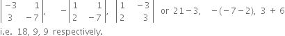 open vertical bar table row cell negative 3 end cell cell space space space space space space 1 end cell row 3 cell space minus 7 end cell end table close vertical bar comma space space space space space space minus open vertical bar table row 1 cell space space space space space space space 1 end cell row 2 cell space space minus 7 end cell end table close vertical bar comma space space space open vertical bar table row 1 cell space space space minus 3 end cell row 2 cell space space space space space space 3 end cell end table close vertical bar space space space or space space 21 minus 3 comma space space space space minus left parenthesis negative 7 minus 2 right parenthesis comma space space 3 space plus space 6
straight i. straight e. space space 18 comma space 9 comma space 9 space space respectively.
