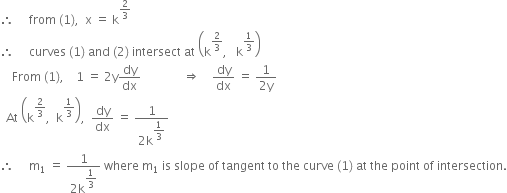 therefore space space space space space from space left parenthesis 1 right parenthesis comma space space straight x space equals space straight k to the power of 2 over 3 end exponent
therefore space space space space space curves space left parenthesis 1 right parenthesis space and space left parenthesis 2 right parenthesis space intersect space at space open parentheses straight k to the power of 2 over 3 end exponent comma space space space straight k to the power of 1 third end exponent close parentheses
space space space space From space left parenthesis 1 right parenthesis comma space space space space 1 space equals space 2 straight y dy over dx space space space space space space space space space space space space space space rightwards double arrow space space space space dy over dx space equals space fraction numerator 1 over denominator 2 straight y end fraction
space space At space open parentheses straight k to the power of 2 over 3 end exponent comma space space straight k to the power of 1 third end exponent close parentheses comma space space dy over dx space equals space fraction numerator 1 over denominator 2 straight k to the power of begin display style 1 third end style end exponent end fraction
therefore space space space space space straight m subscript 1 space equals space fraction numerator 1 over denominator 2 straight k to the power of begin display style 1 third end style end exponent end fraction space where space straight m subscript 1 space is space slope space of space tangent space to space the space curve space left parenthesis 1 right parenthesis space at space the space point space of space intersection.