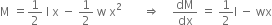 straight M space equals 1 half space straight l space straight x space minus space 1 half space straight w space straight x squared space space space space space space space rightwards double arrow space space space space dM over dx space equals space 1 half straight l space minus space wx