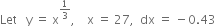 Let space space space straight y space equals space straight x to the power of 1 third end exponent comma space space space space straight x space equals space 27 comma space space dx space equals space minus 0.43
space space space space