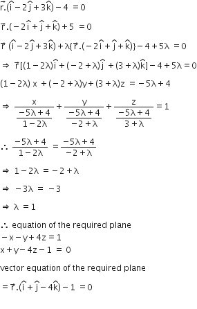 stack straight r. with rightwards arrow on top left parenthesis straight i with hat on top minus 2 straight j with hat on top plus 3 straight k with hat on top right parenthesis minus 4 space equals 0

straight r with rightwards arrow on top. left parenthesis negative 2 straight i with hat on top plus straight j with hat on top plus straight k with hat on top right parenthesis plus 5 space equals 0

straight r with rightwards arrow on top space left parenthesis straight i with hat on top minus 2 straight j with hat on top plus 3 straight k with hat on top right parenthesis plus straight lambda open curly brackets straight r with rightwards arrow on top. left parenthesis negative 2 straight i with hat on top plus straight j with hat on top plus straight k with hat on top right parenthesis close curly brackets minus 4 plus 5 straight lambda space equals 0

rightwards double arrow space straight r with rightwards arrow on top left square bracket left parenthesis 1 minus 2 straight lambda right parenthesis straight i with hat on top plus left parenthesis negative 2 plus straight lambda right parenthesis straight j with hat on top space plus left parenthesis 3 plus straight lambda right parenthesis straight k with hat on top right square bracket minus 4 plus 5 straight lambda equals 0

left parenthesis 1 minus 2 straight lambda right parenthesis space straight x space plus left parenthesis negative 2 plus straight lambda right parenthesis straight y plus left parenthesis 3 plus straight lambda right parenthesis straight z space equals negative 5 straight lambda plus 4

rightwards double arrow space fraction numerator straight x over denominator begin display style fraction numerator negative 5 straight lambda plus 4 over denominator 1 minus 2 straight lambda end fraction end style end fraction plus fraction numerator straight y over denominator begin display style fraction numerator negative 5 straight lambda plus 4 over denominator negative 2 plus straight lambda end fraction end style end fraction plus fraction numerator straight z over denominator begin display style fraction numerator negative 5 straight lambda plus 4 over denominator 3 plus straight lambda end fraction end style end fraction equals 1

therefore space fraction numerator negative 5 straight lambda plus 4 over denominator 1 minus 2 straight lambda end fraction space equals fraction numerator negative 5 straight lambda plus 4 over denominator negative 2 plus straight lambda end fraction

rightwards double arrow space 1 minus 2 straight lambda space equals negative 2 plus straight lambda

rightwards double arrow space minus 3 straight lambda space equals space minus 3

rightwards double arrow space straight lambda space equals 1

therefore space equation space of space the space required space plane
minus straight x minus straight y plus 4 straight z equals 1
straight x plus straight y minus 4 straight z minus 1 space equals space 0

vector space equation space of space the space required space plane

equals straight r with rightwards arrow on top. left parenthesis straight i with hat on top plus straight j with hat on top minus 4 straight k with hat on top right parenthesis minus 1 space equals 0

