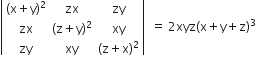 open vertical bar table row cell left parenthesis straight x plus straight y right parenthesis squared end cell zx zy row zx cell left parenthesis straight z plus straight y right parenthesis squared end cell xy row zy xy cell left parenthesis straight z plus straight x right parenthesis squared end cell end table close vertical bar space space equals space 2 xyz left parenthesis straight x plus straight y plus straight z right parenthesis cubed