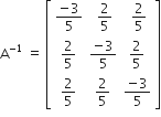 straight A to the power of negative 1 end exponent space equals space open square brackets table row cell fraction numerator negative 3 over denominator 5 end fraction end cell cell space 2 over 5 end cell cell space 2 over 5 end cell row cell 2 over 5 end cell cell fraction numerator negative 3 over denominator 5 end fraction end cell cell 2 over 5 end cell row cell 2 over 5 end cell cell 2 over 5 end cell cell fraction numerator negative 3 over denominator 5 end fraction end cell end table close square brackets