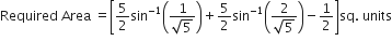 Required space Area space equals open square brackets 5 over 2 sin to the power of negative 1 end exponent open parentheses fraction numerator 1 over denominator square root of 5 end fraction close parentheses plus 5 over 2 sin to the power of negative 1 end exponent open parentheses fraction numerator 2 over denominator square root of 5 end fraction close parentheses minus 1 half close square brackets sq. space units