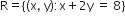 straight R equals open curly brackets open parentheses straight x comma space straight y close parentheses colon straight x plus 2 straight y space equals space 8 close curly brackets