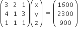 open parentheses table row 3 cell space 2 end cell cell space 1 end cell row 4 cell space 1 end cell cell space 3 end cell row 1 cell space 1 end cell cell space 1 end cell end table close parentheses open parentheses table row straight x row straight y row straight z end table close parentheses space equals space open parentheses table row 1600 row 2300 row 900 end table close parentheses