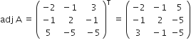 adj space straight A space equals space open parentheses table row cell negative 2 end cell cell space minus 1 space end cell cell space space 3 end cell row cell negative 1 end cell cell space space 2 end cell cell negative 1 end cell row 5 cell negative 5 end cell cell space minus 5 end cell end table close parentheses to the power of straight T space equals space open parentheses table row cell negative 2 end cell cell space minus 1 end cell cell space space 5 end cell row cell negative 1 end cell cell space space 2 end cell cell negative 5 end cell row 3 cell space minus 1 end cell cell negative 5 end cell end table close parentheses