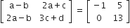 open square brackets table row cell straight a minus straight b end cell cell space space space 2 straight a plus straight c end cell row cell 2 straight a minus straight b end cell cell space 3 straight c plus straight d end cell end table close square brackets space equals space open square brackets table row cell negative 1 end cell cell space space space 5 end cell row 0 cell space 13 end cell end table close square brackets