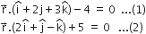 straight r with rightwards arrow on top. open parentheses straight i with hat on top plus 2 straight j plus 3 straight k with hat on top close parentheses minus 4 space equals space 0 space space... left parenthesis 1 right parenthesis
straight r with rightwards arrow on top. left parenthesis 2 straight i with hat on top plus straight j with hat on top minus straight k with hat on top right parenthesis plus 5 space equals space 0 space space space... left parenthesis 2 right parenthesis