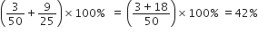 open parentheses 3 over 50 plus 9 over 25 close parentheses cross times 100 percent sign space space equals space open parentheses fraction numerator 3 plus 18 over denominator 50 end fraction close parentheses cross times 100 percent sign space equals 42 percent sign