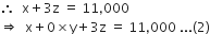 therefore space space straight x plus 3 straight z space equals space 11 comma 000
rightwards double arrow space space straight x plus 0 cross times straight y plus 3 straight z space equals space 11 comma 000 space... left parenthesis 2 right parenthesis