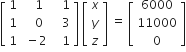 open square brackets table row 1 cell space space space 1 end cell cell space space space 1 end cell row 1 cell space space space 0 end cell cell space space space 3 end cell row 1 cell space minus 2 end cell cell space space space 1 end cell end table close square brackets space open square brackets table row x row y row z end table close square brackets space equals space open square brackets table row 6000 row 11000 row 0 end table close square brackets