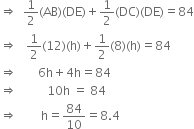 rightwards double arrow space space 1 half left parenthesis AB right parenthesis left parenthesis DE right parenthesis plus 1 half left parenthesis DC right parenthesis left parenthesis DE right parenthesis equals 84
rightwards double arrow space space space 1 half left parenthesis 12 right parenthesis left parenthesis straight h right parenthesis plus 1 half left parenthesis 8 right parenthesis left parenthesis straight h right parenthesis equals 84
rightwards double arrow space space space space space space space 6 straight h plus 4 straight h equals 84
rightwards double arrow space space space space space space space space space space 10 straight h space equals space 84
rightwards double arrow space space space space space space space space straight h equals 84 over 10 equals 8.4