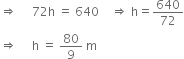 rightwards double arrow space space space space space 72 straight h space equals space 640 space space space space rightwards double arrow space straight h equals 640 over 72
rightwards double arrow space space space space space straight h space equals space 80 over 9 space straight m