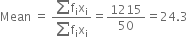 Mean space equals space fraction numerator sum straight f subscript straight i straight x subscript straight i over denominator sum straight f subscript straight i straight x subscript straight i end fraction equals 1215 over 50 equals 24.3