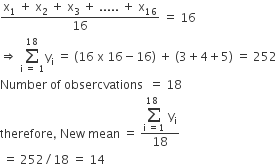 fraction numerator straight x subscript 1 space plus space straight x subscript 2 space plus space straight x subscript 3 space plus space..... space plus space straight x subscript 16 over denominator 16 end fraction space equals space 16
rightwards double arrow space sum from straight i space equals space 1 to 18 of straight y subscript straight i space equals space left parenthesis 16 space straight x space 16 minus 16 right parenthesis space plus space left parenthesis 3 plus 4 plus 5 right parenthesis space equals space 252
Number space of space obsercvations space space equals space 18
therefore comma space New space mean space equals space fraction numerator begin display style sum from straight i space equals 1 to 18 space of space straight y subscript straight i end style over denominator 18 end fraction
space equals space 252 divided by 18 space equals space 14