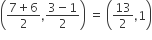 open parentheses fraction numerator 7 plus 6 over denominator 2 end fraction comma fraction numerator 3 minus 1 over denominator 2 end fraction close parentheses space equals space open parentheses 13 over 2 comma 1 close parentheses