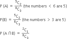 straight P space left parenthesis straight A right parenthesis space equals space fraction numerator straight C presuperscript 5 subscript 2 over denominator straight C presuperscript 8 subscript 3 end fraction space left parenthesis the space numbers space less than space 6 space are space 5 right parenthesis
straight P left parenthesis straight B right parenthesis space equals space fraction numerator straight C presuperscript 5 subscript 2 over denominator straight C presuperscript 8 subscript 3 end fraction space left parenthesis the space numbers space greater than space 3 space are space 5 right parenthesis
straight P space left parenthesis straight A space intersection straight B right parenthesis space equals space fraction numerator straight C presuperscript 2 subscript 1 over denominator straight C presuperscript 8 subscript 3 end fraction