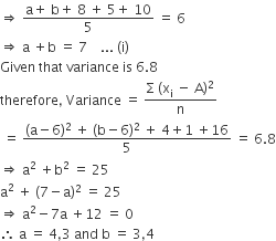 rightwards double arrow space fraction numerator straight a plus space straight b plus space 8 space plus space 5 plus space 10 over denominator 5 end fraction space equals space 6
rightwards double arrow space straight a space plus straight b space equals space 7 space space space space... space left parenthesis straight i right parenthesis
Given space that space variance space is space 6.8
therefore comma space Variance space equals space fraction numerator straight capital sigma space left parenthesis straight x subscript straight i space minus space straight A right parenthesis squared over denominator straight n end fraction
space equals space fraction numerator left parenthesis straight a minus 6 right parenthesis squared space plus space left parenthesis straight b minus 6 right parenthesis squared space plus space 4 plus 1 space plus 16 over denominator 5 end fraction space equals space 6.8
rightwards double arrow space straight a squared space plus straight b squared space equals space 25
straight a squared space plus space left parenthesis 7 minus straight a right parenthesis squared space equals space 25
rightwards double arrow space straight a squared minus 7 straight a space plus 12 space equals space 0
therefore space straight a space equals space 4 comma 3 space and space straight b space equals space 3 comma 4